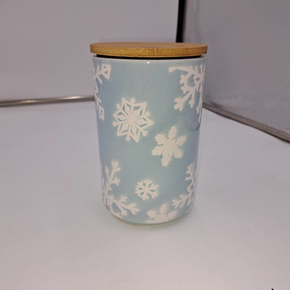 Tiffany color Blue and White Snowflakes Ceramic Wood Coffee Jar - Picture 5 of 6